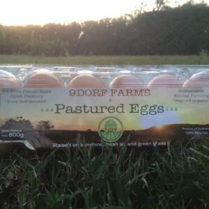 A box of 9Dorf Farms pastured eggs