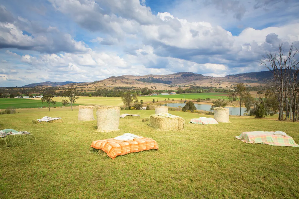 Hay bale wedding seating at Lilydale Estate, 9Dorf Farms.